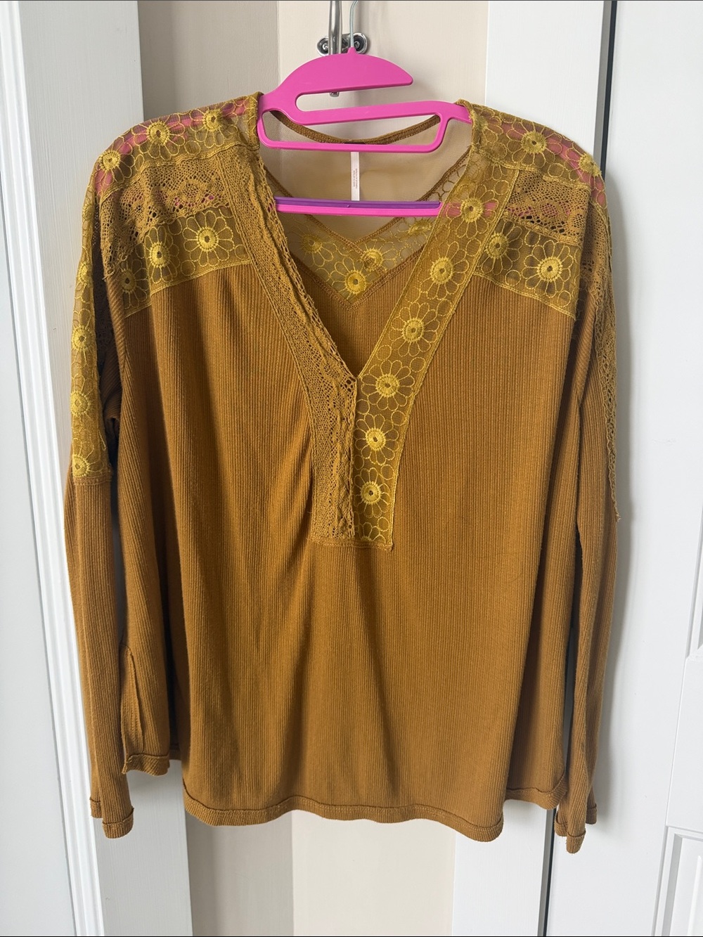 Free People Mustard Lace-Trim Long Sleeve Top